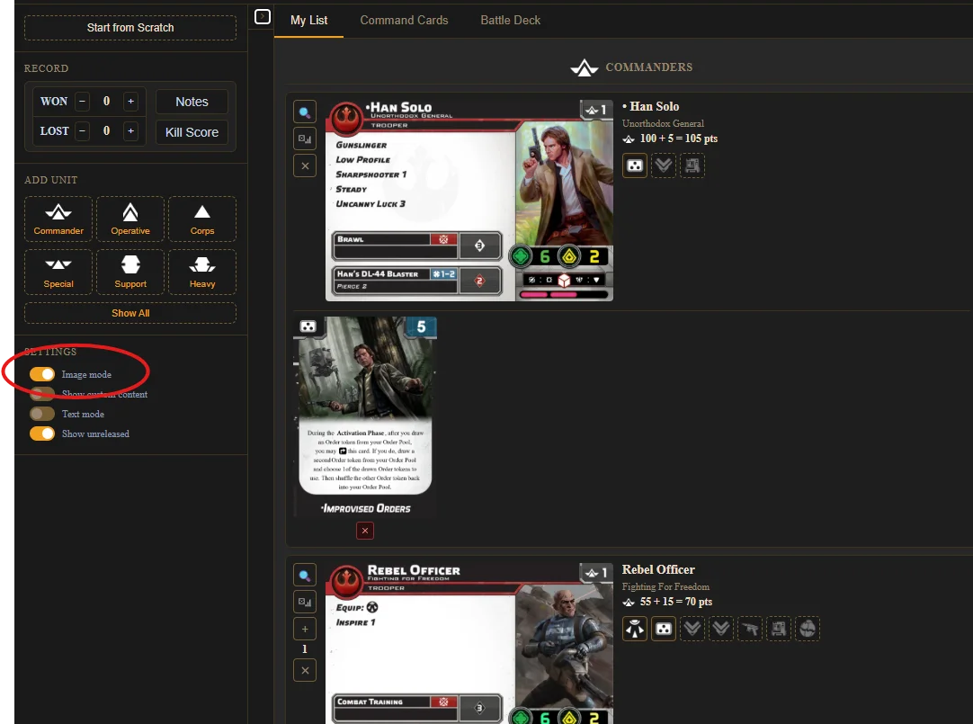 The army list shown in compact, image, and text display modes side by side