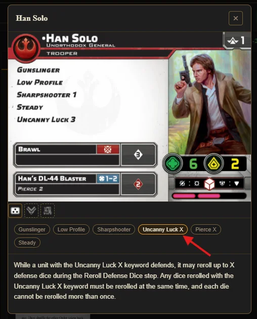 A unit card in the builder with a keyword highlighted, showing the rules popup