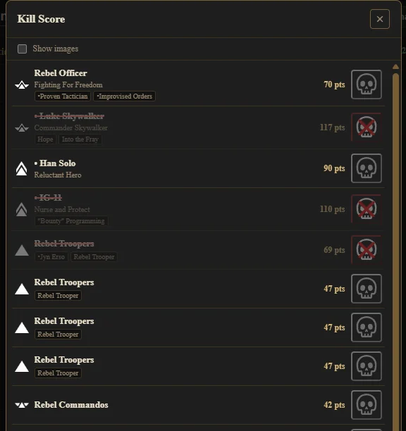 The kill count interface showing unit scores for tournament play