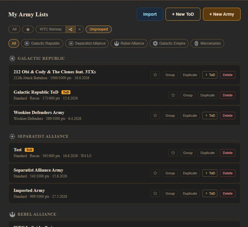 The army list panel showing saved lists organized into groups with starred favorites