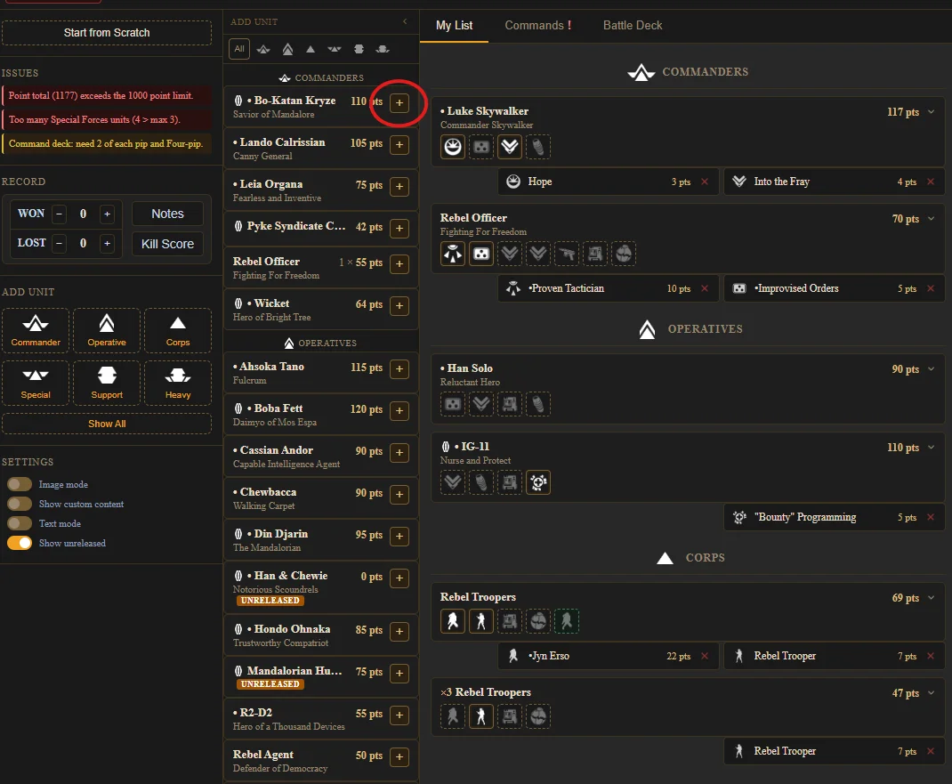 The quick-add panel showing a searchable list of units for rapid list building
