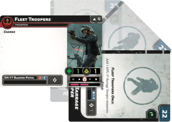 A Fleet Trooper unit card and an upgrade card being turned sideways.