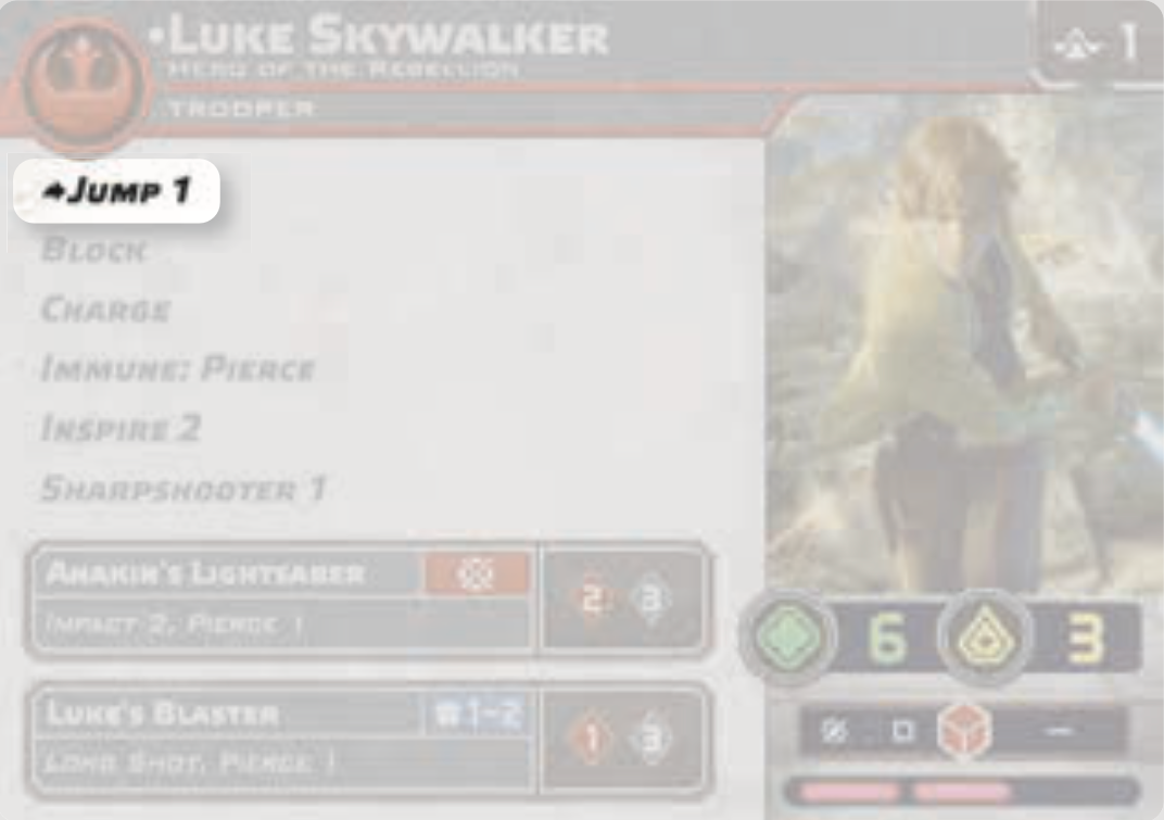 Luke Skywalker unit card with the keyword Jump 1 highlighted.