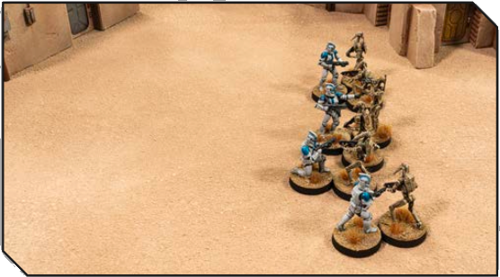 Clone trooper moving the rest of their unit into melee and in cohesion.