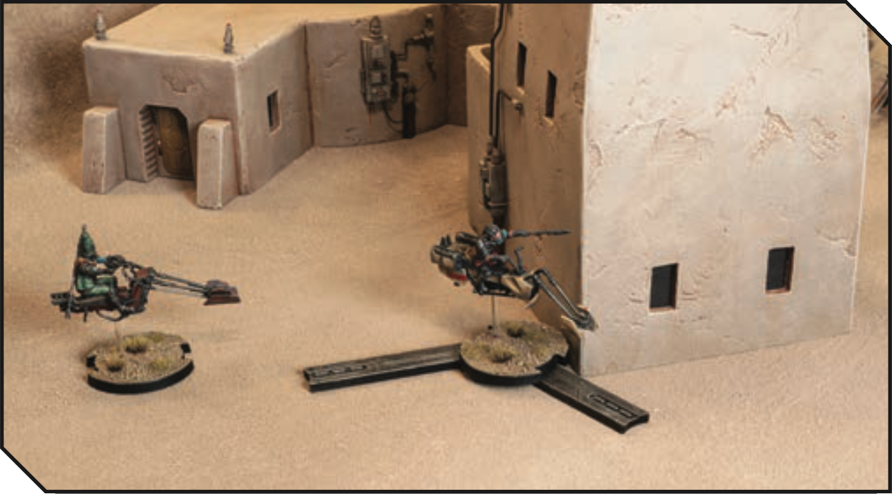 A Speeder Bike notched base with movement tool under its base, stopping at a terrain piece.