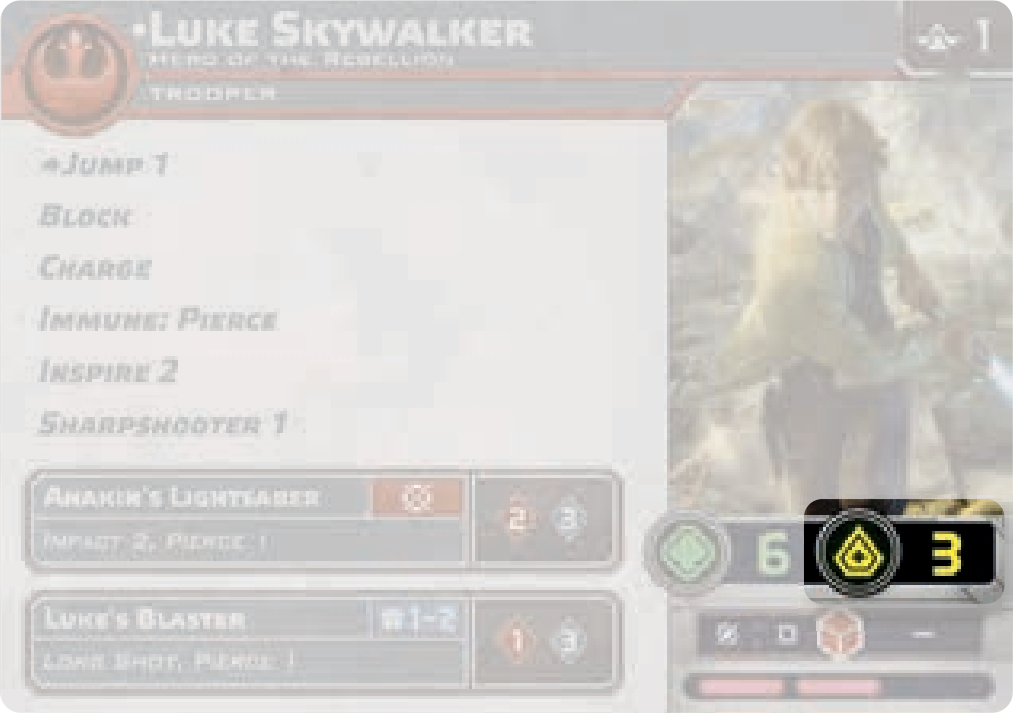 Luke Skywalker unit card, with courage value highlighted