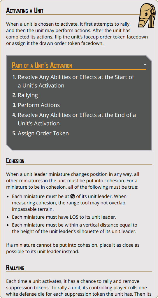 When a unit is chosen to activate, it first attempts to rally, and then the unit may perform actions.