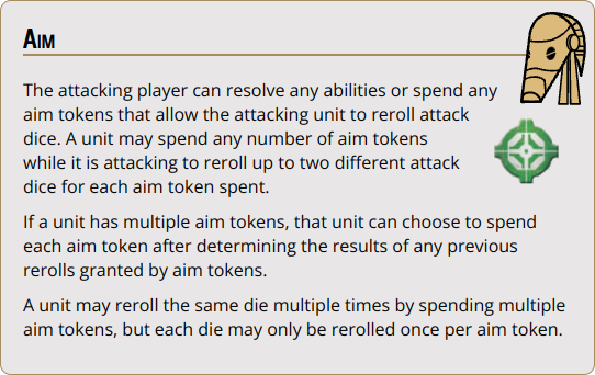 A unit that performs an aim action gains an aim token which it can use to reroll dice during attacks.