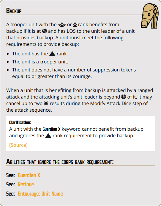 When a unit that is benefiting from backup is attacked by a ranged attack and the attacking unit’s unit leader is beyond {range_2} of it, it may cancel up to two {hit} results during the Modify Attack Dice step of the attack sequence.