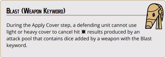 During the Apply Cover step, a defending unit cannot use light or heavy cover to cancel hit {hit} results produced by an attack pool that contains dice added by a weapon with the Blast keyword.