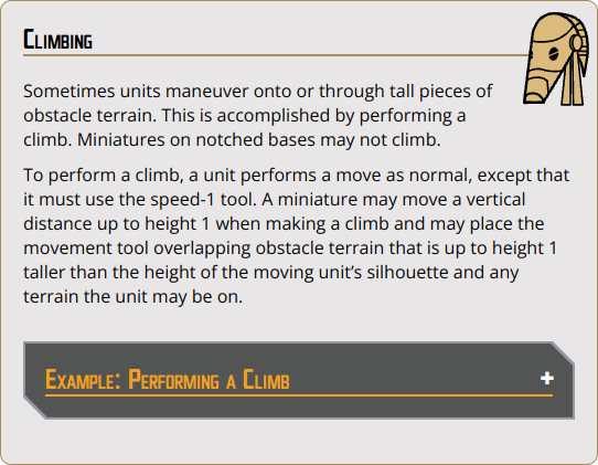 Sometimes units maneuver onto or through tall pieces of obstacle terrain. This is accomplished by performing a climb. Miniatures on notched bases may not climb.