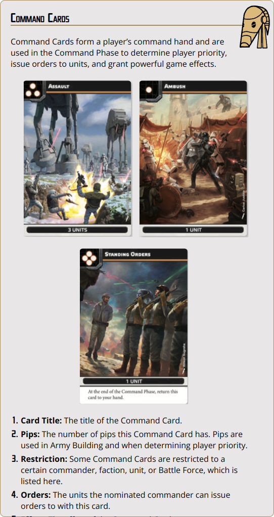 Command Cards form a player’s command hand and are used in the Command Phase to determine player priority, issue orders to units, and grant powerful game effects.