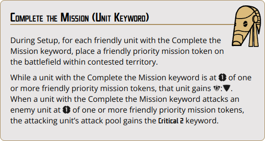 During Setup, for each friendly unit with the Complete the Mission keyword, place a friendly priority mission token on the battlefield within contested territory.