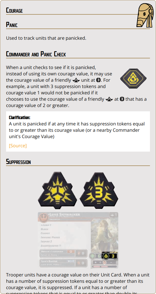 When a unit checks to see if it is panicked, instead of using its own courage value, it may use the courage value of a friendly {rank_commander} unit at {range_3}. For example, a unit with 3 suppression tokens and courage value 1 would not be panicked if it chooses to use the courage value of a friendly {rank_commander} at {range_3} that has a courage value of 2 or greater.