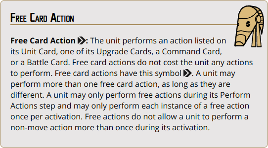 {action_free} The unit performs an action listed on its Unit Card or one of its Upgrade Cards. Free card actions do not cost the unit any actions to perform. Free card actions have this symbol {action_free}. A unit may perform more than one free card action, as long as they are different. A unit may only perform free actions during their Perform Actions step and may only perform each instance of a free action once per activation. Free actions do not allow a unit to perform a non-move action more than once during its activation.