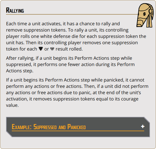 Each time a unit activates, it has a chance to rally and remove suppression tokens.