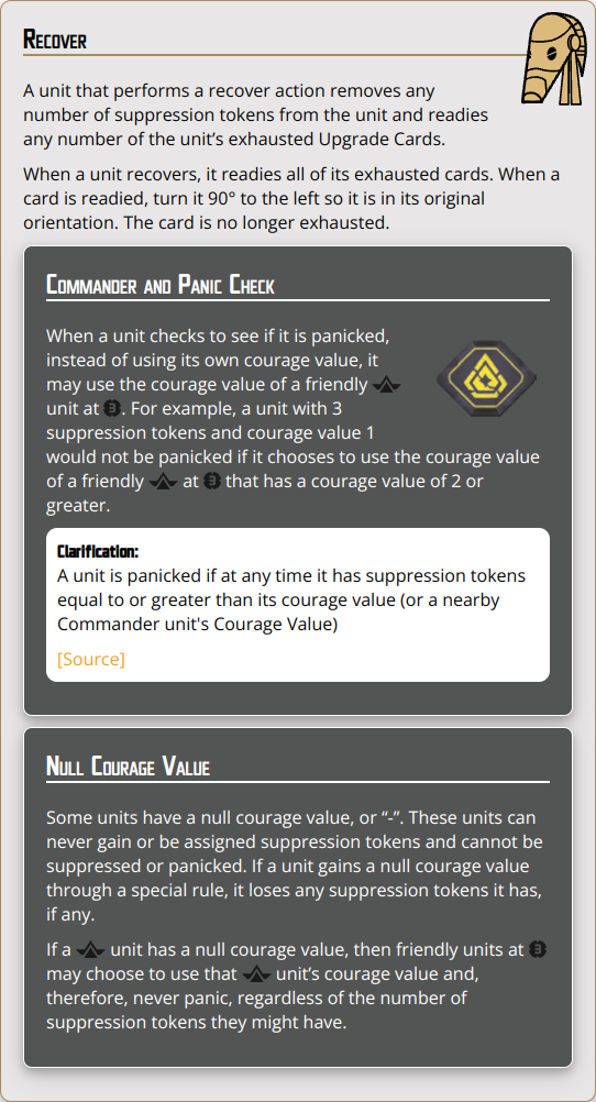 The unit removes any number of suppression tokens and readies any exhausted Upgrade Cards.