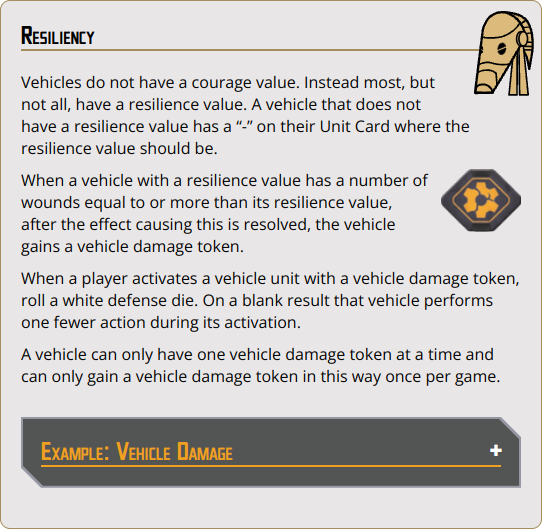 Vehicles do not have a courage value. Instead most, but not all, have a resilience value. A vehicle that does not have a resilience value has a “-” on their Unit Card where the resilience value should be.