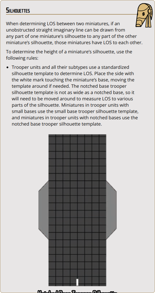 When determining LOS between two miniatures, if an unobstructed straight imaginary line can be drawn from any part of one miniature’s silhouette to any part of the other miniature’s silhouette, those miniatures have LOS to each other.