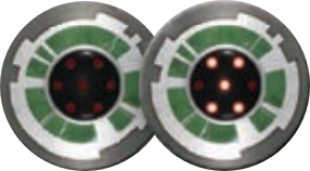 Round with a green border and zero to several red dots inside.