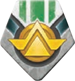 Pentagon shaped with a commander rank icon inside.