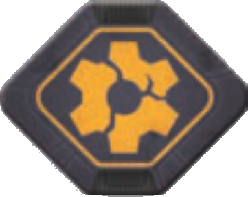 Oblong hexagonal, black token with orange cog inside.