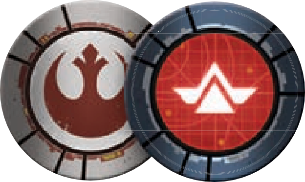 Round tokens with faction on one side and rank on the other.