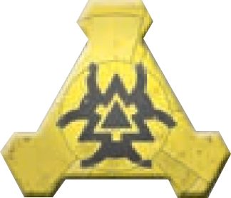 Triangle shaped, yellow with bio-hazard icon inside.